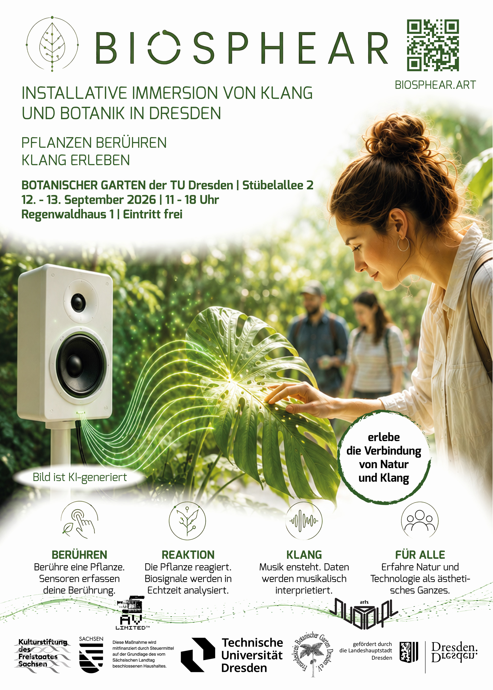 Veranstaltungsplakat für BIOSPHEAR – Installative Immersion von Klang und Botanik in Dresden, 12. bis 13. September 2026 im Botanischen Garten